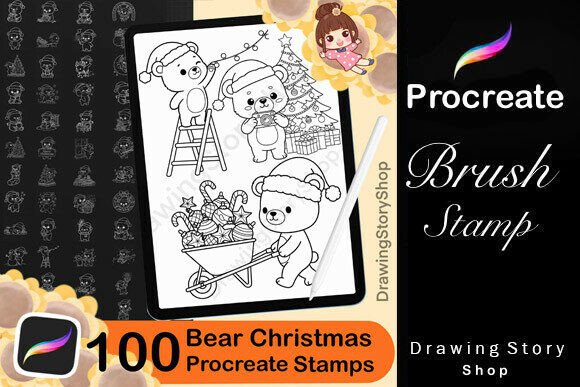 100 Christmas Bear Procreate Stamps for Creative Digital Art