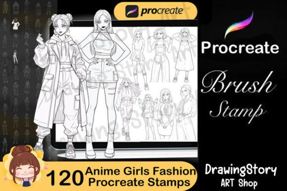 120 Anime Girls Fashion Procreate Stamps for Digital Art Creation