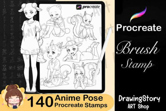 140 Procreate Anime Pose Stamps Cute