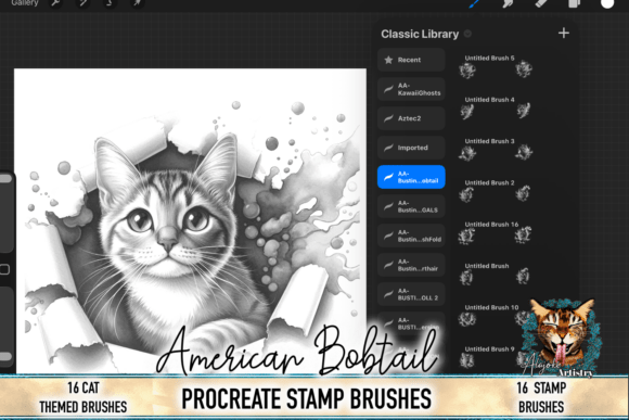 Enhance Your Digital Art with American Bobtail Cat Procreate Stamps