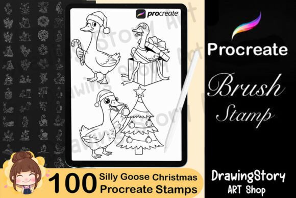 Unlock Creative Holiday Art with 100 Procreate Christmas Goose Stamps & Silly Goose Doodles Kawaii Line Art Brush Pack
